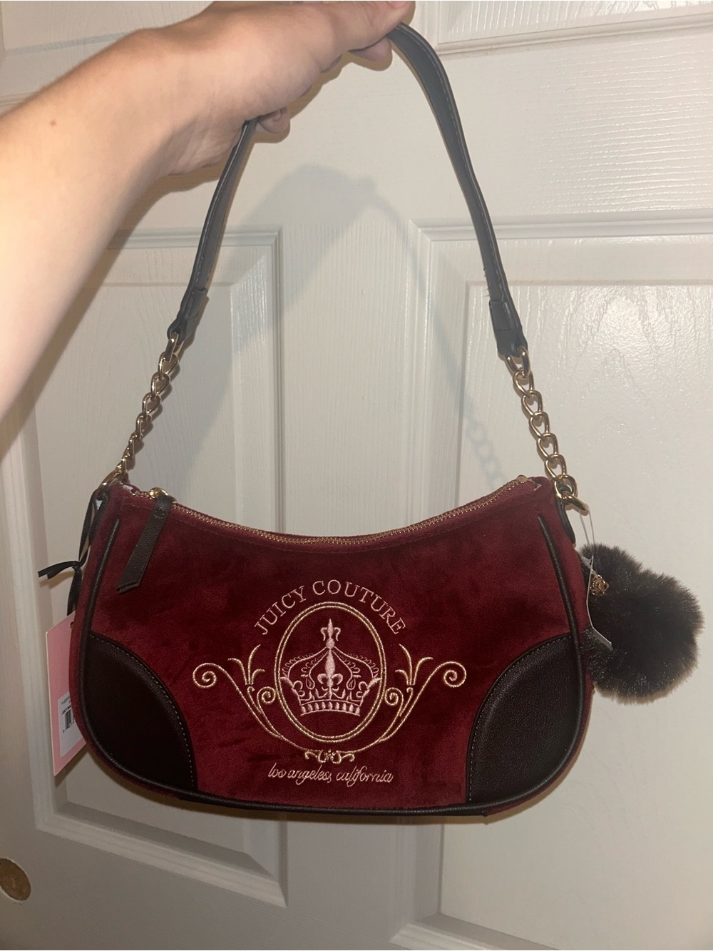 Juicy Couture Burgundy and Dark Brown Velvet Shoulder Bag with Pom